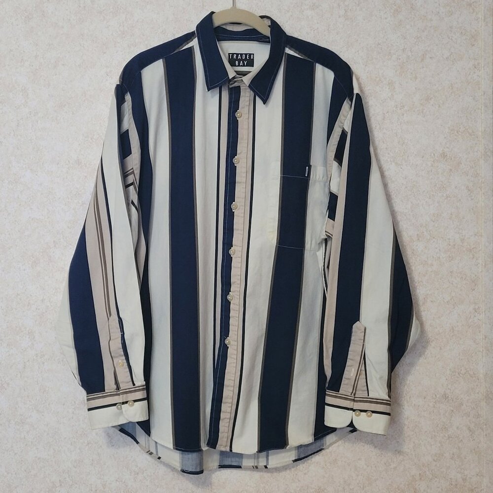 Navy Blue Striped Mens Long Sleeve Trader Bay Shirt Size XL
